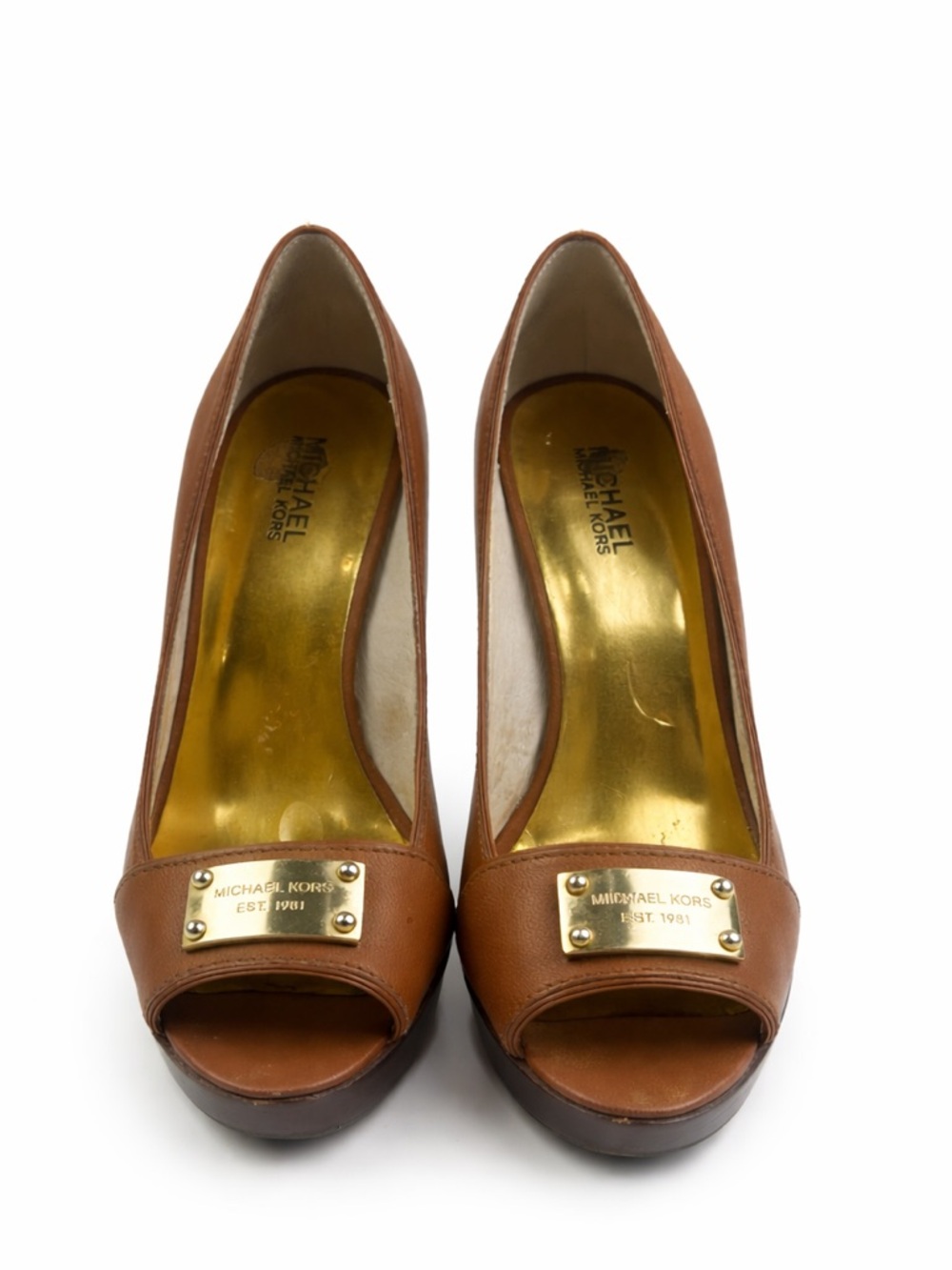 Michael Kors Vintage Fulton Peep Toe Platform Pumps Gold Plaque Women’s Size 9M